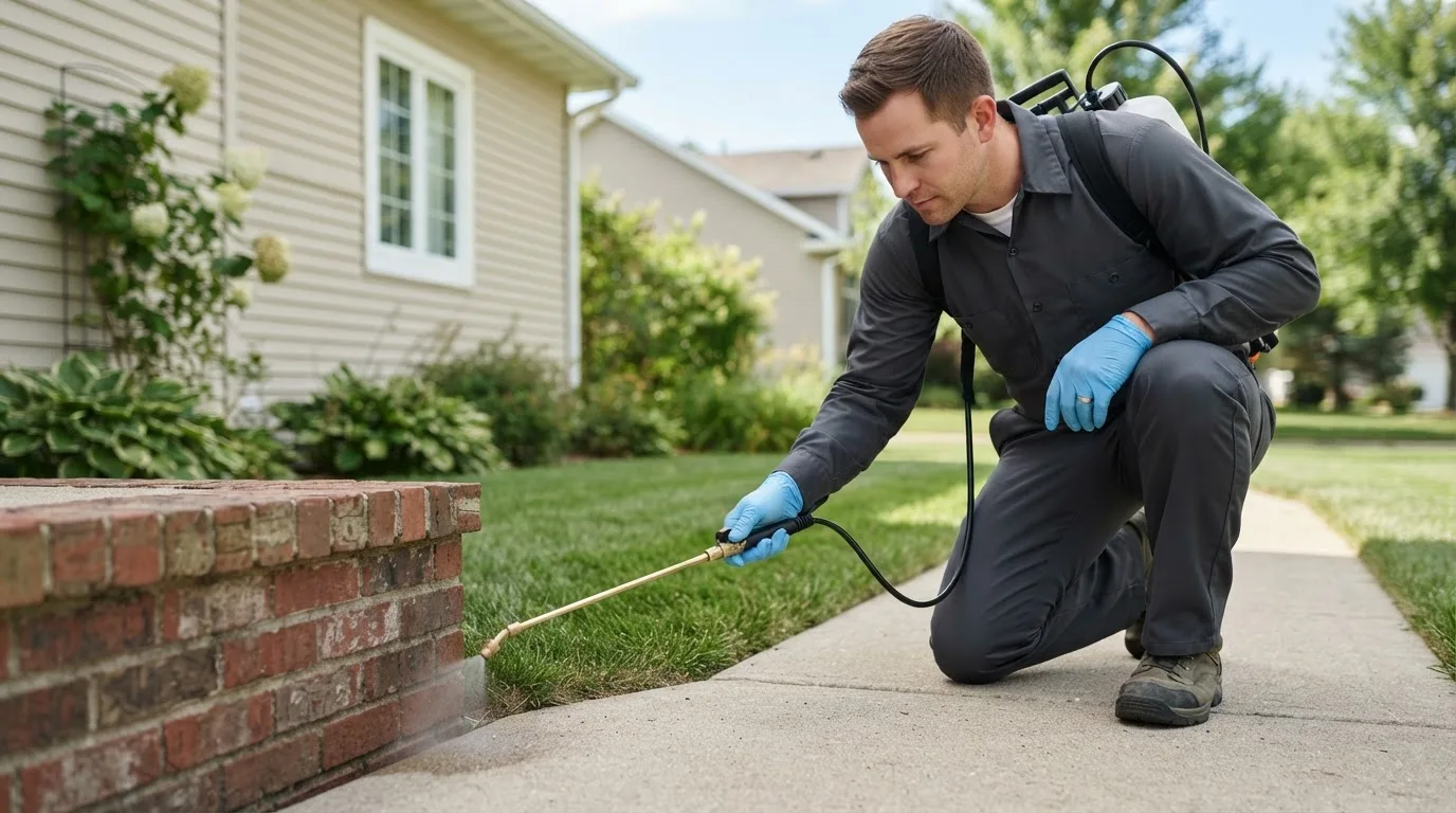 Pest control technician treating a home near La Porte, IN