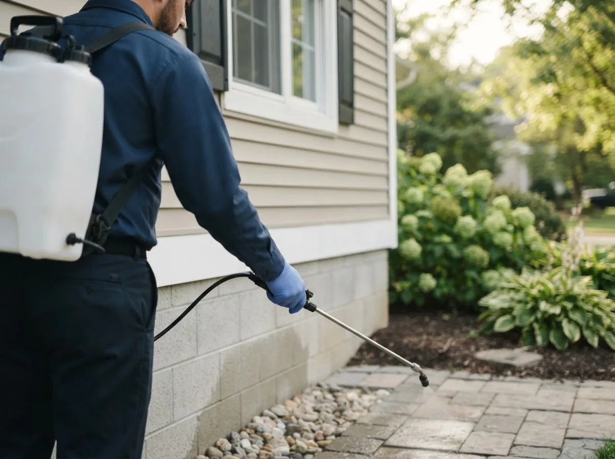 Pest control technician inspecting a home in La Porte, IN